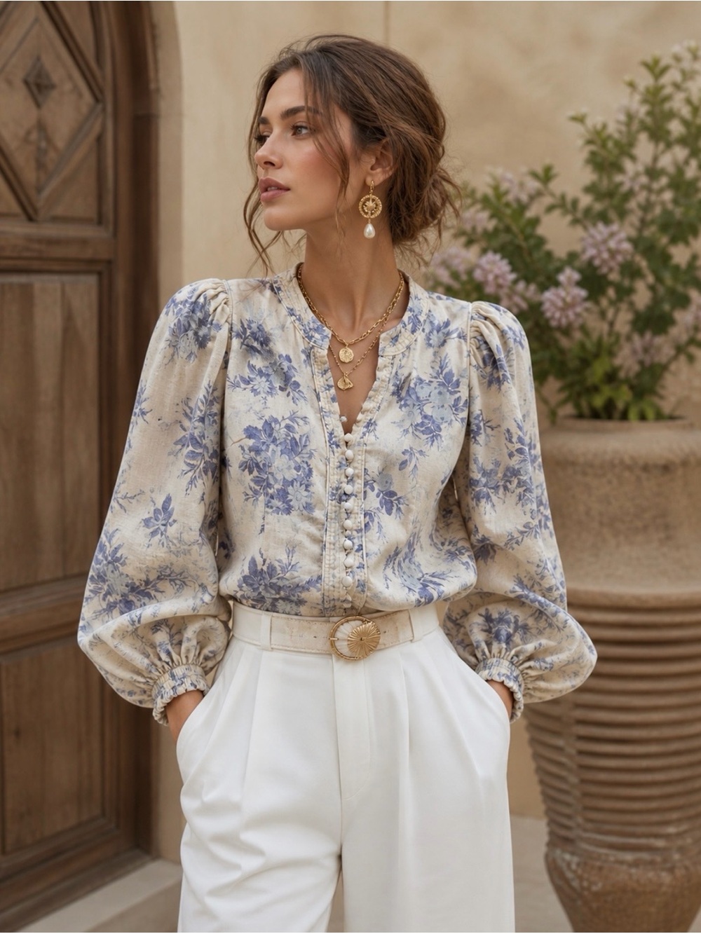 Elie Tahari Linen Floral Blouse Cream Blue Size L  Zimmermann Style Cottagecore